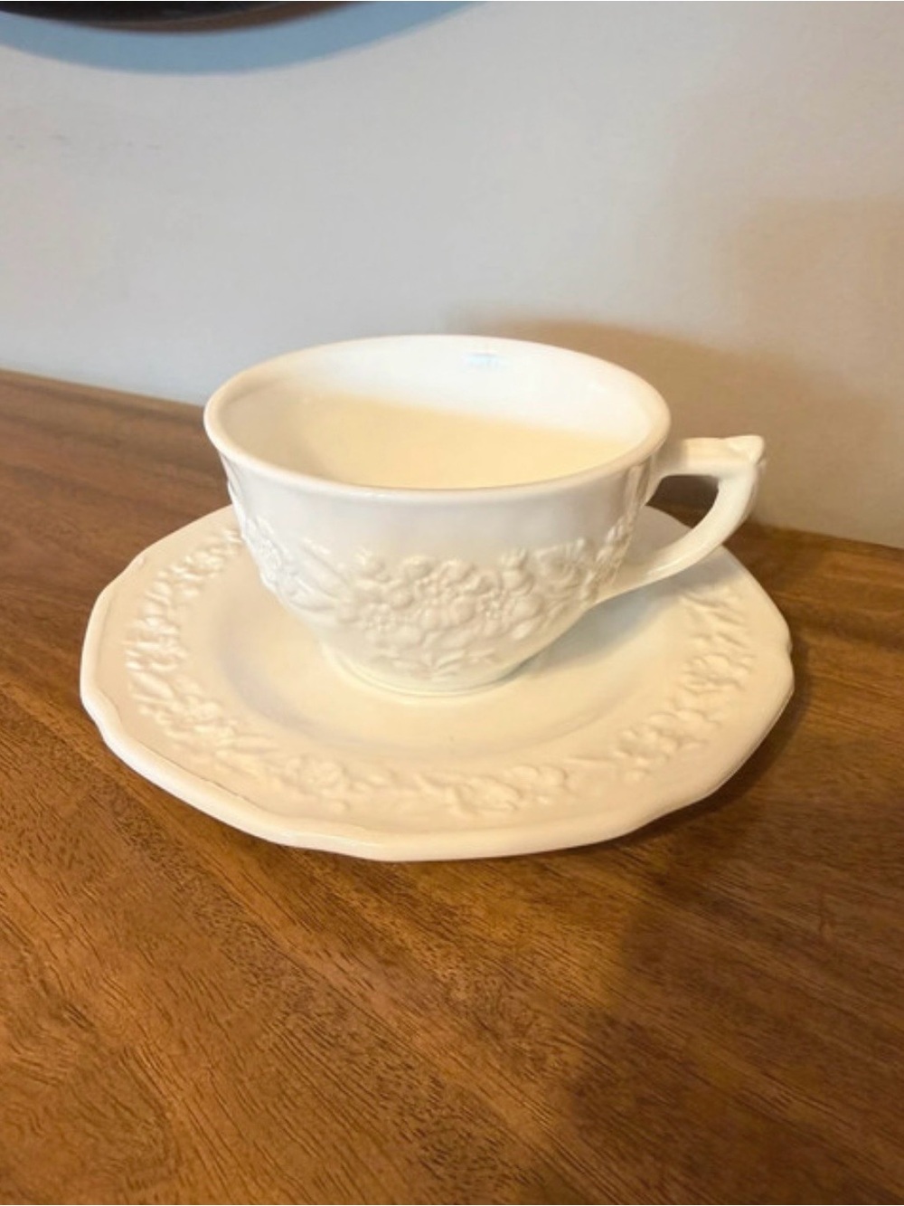 Vintage Indiana Glass Floral Milk Glass Tea Cup & Saucer Cottagecore Glassware